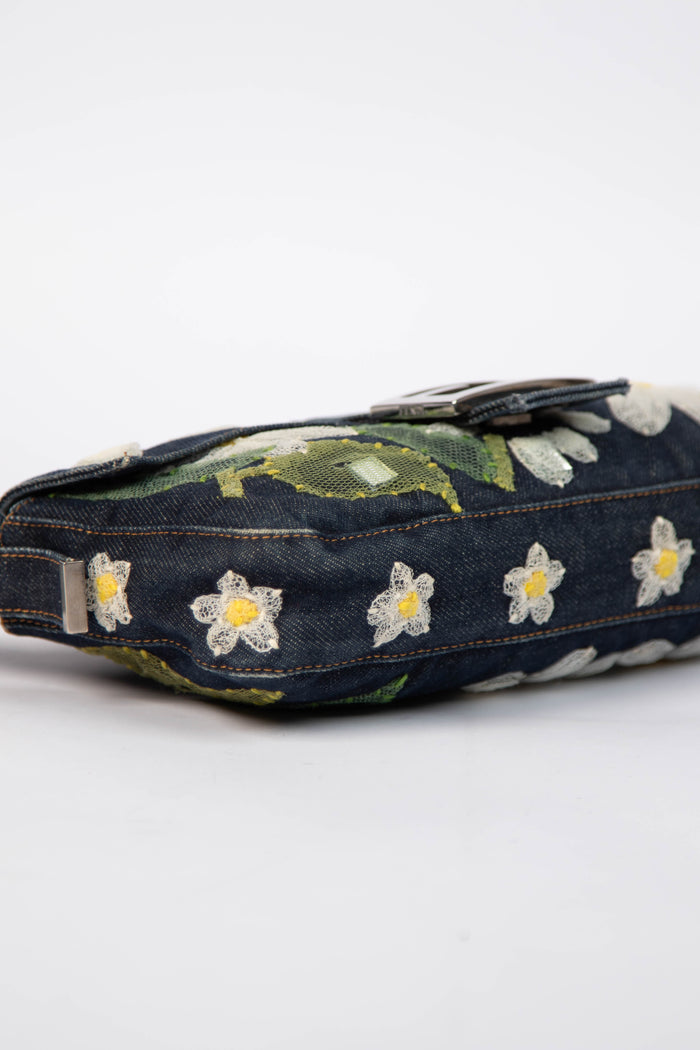 Vintage Fendi Denim Baguette with Mesh Flower Appliqué