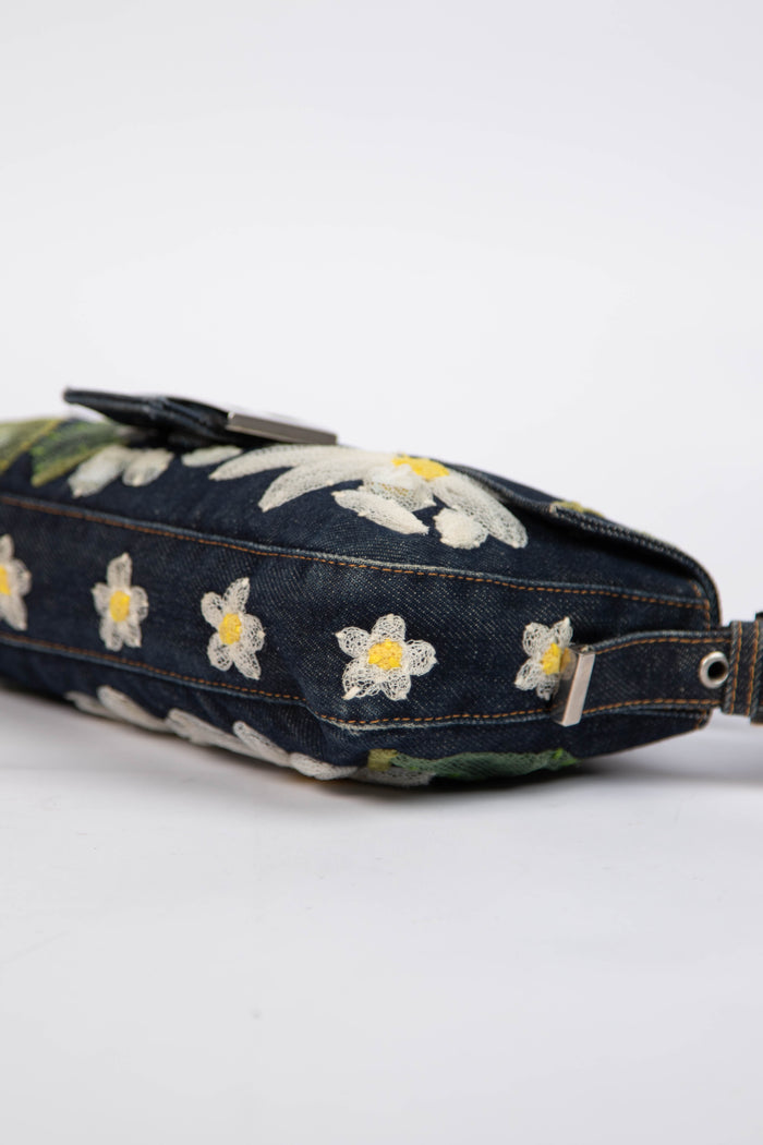 Vintage Fendi Denim Baguette with Mesh Flower Appliqué