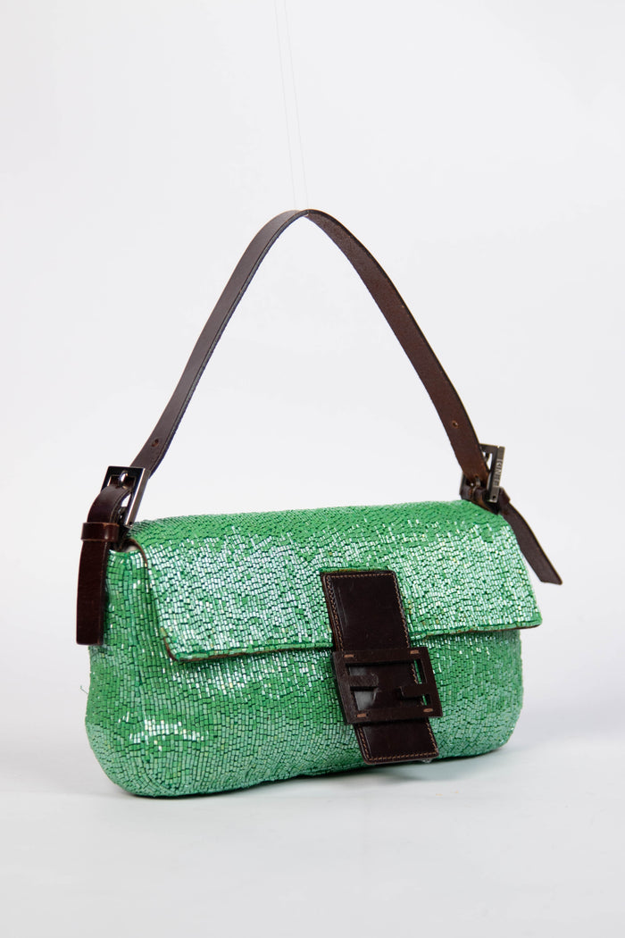 Vintage Fendi Green Beaded Sequin Baguette Shoulder Bag