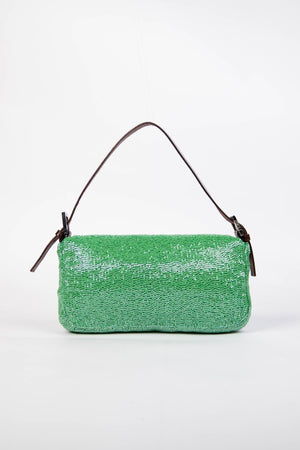 Vintage Fendi Green Beaded Sequin Baguette Shoulder Bag