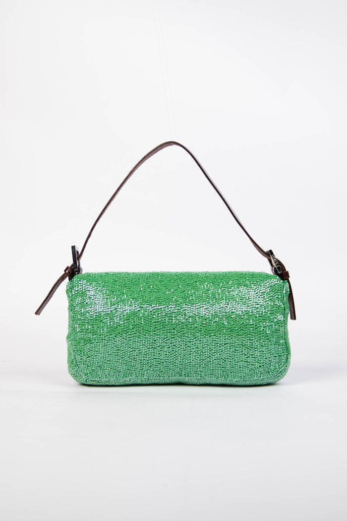 Vintage Fendi Green Beaded Sequin Baguette Shoulder Bag