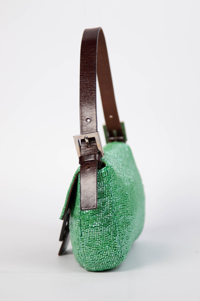 Vintage Fendi Green Beaded Sequin Baguette Shoulder Bag