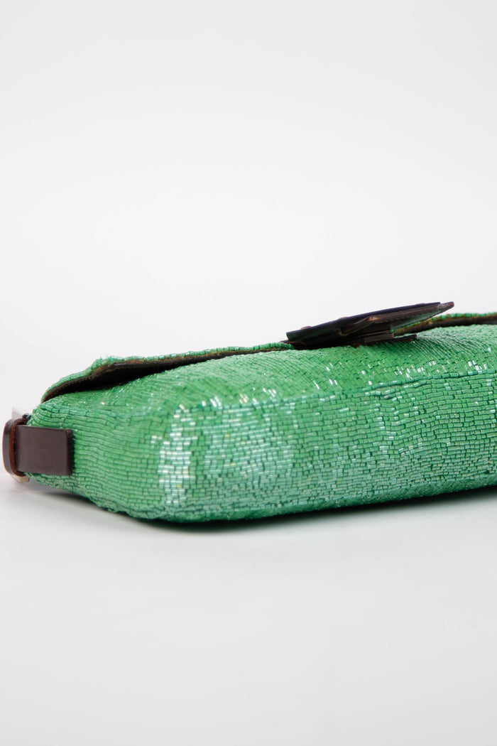 Vintage Fendi Green Beaded Sequin Baguette Shoulder Bag