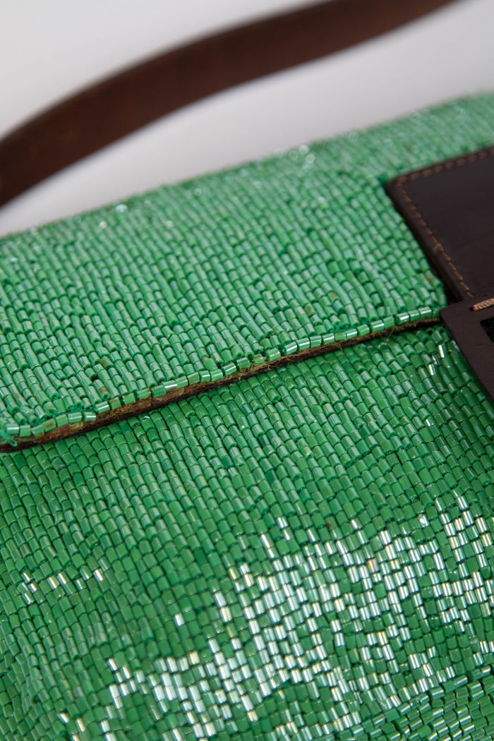 Vintage Fendi Green Beaded Sequin Baguette Shoulder Bag