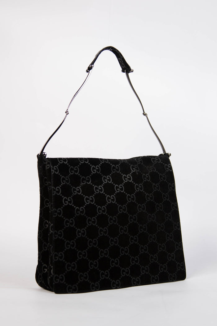 90s Gucci Tom Ford Black Monogram Shoulder Bag with Pouch