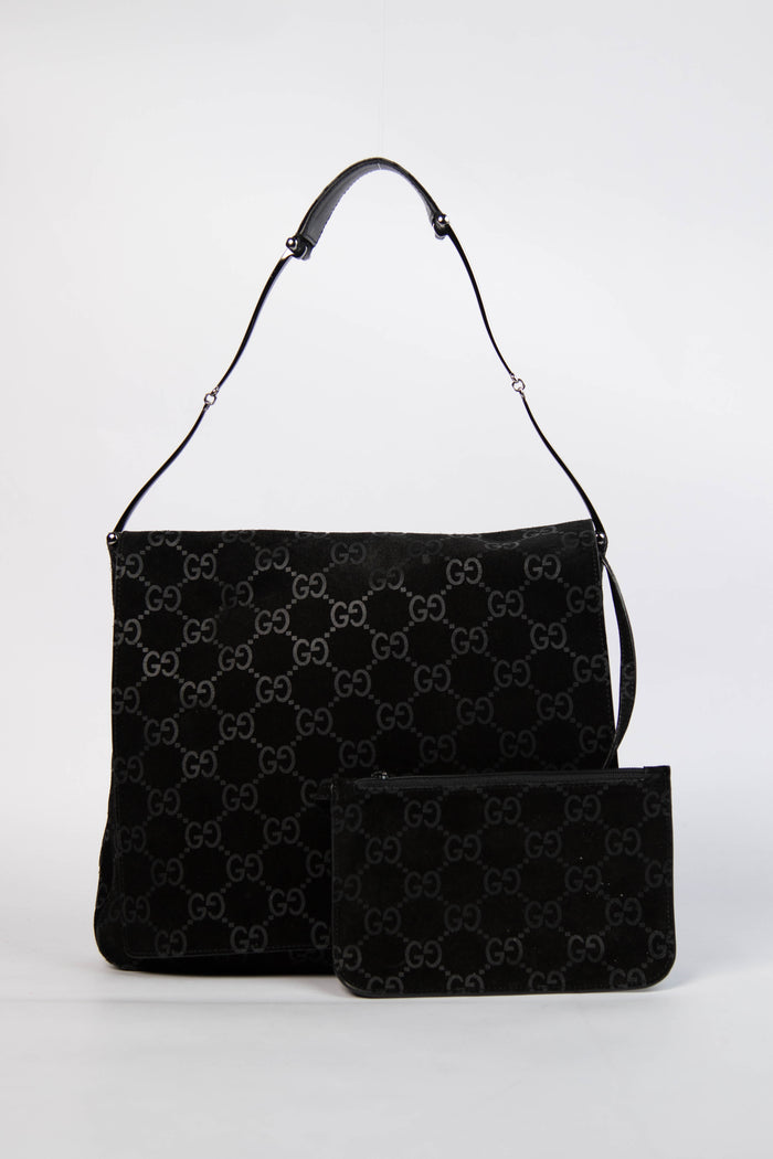 90s Gucci Tom Ford Black Monogram Shoulder Bag with Pouch