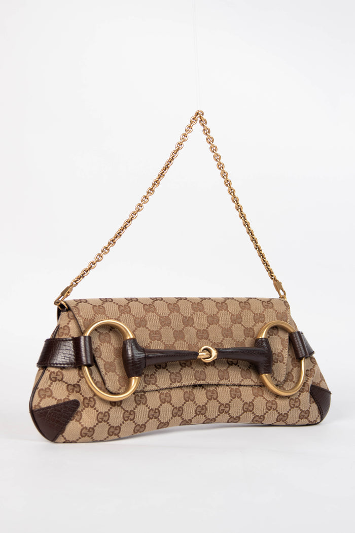 RARE Vintage Gucci GG Classic Monogram Large Horsebit Shoulder Bag