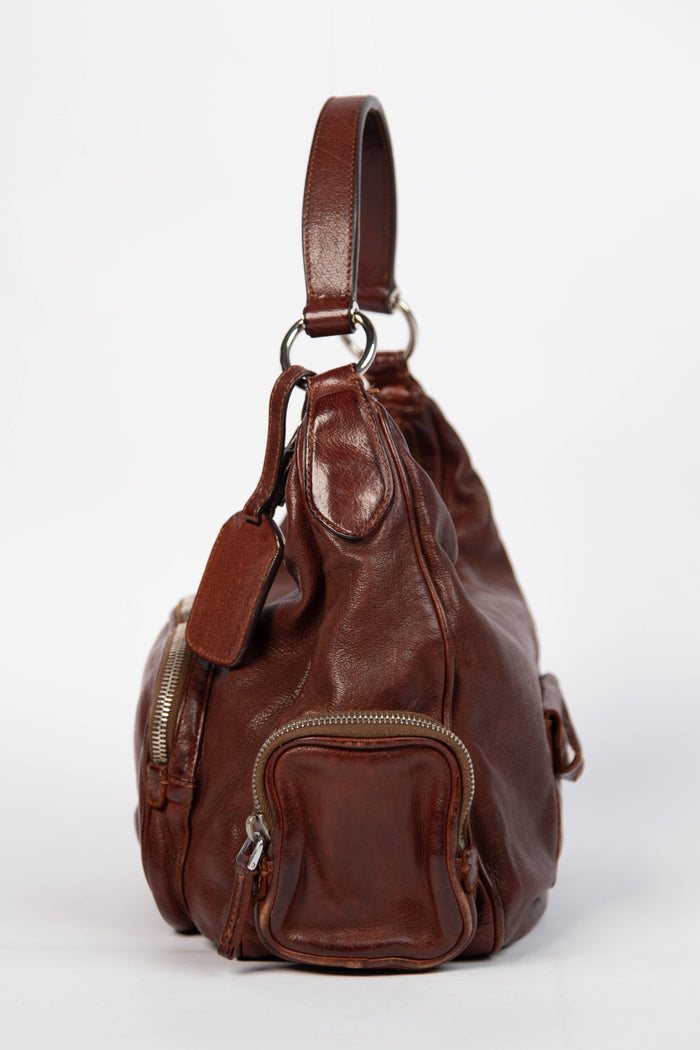 Vintage Prada Brown Leather Multi-Pocket Shoulder Bag