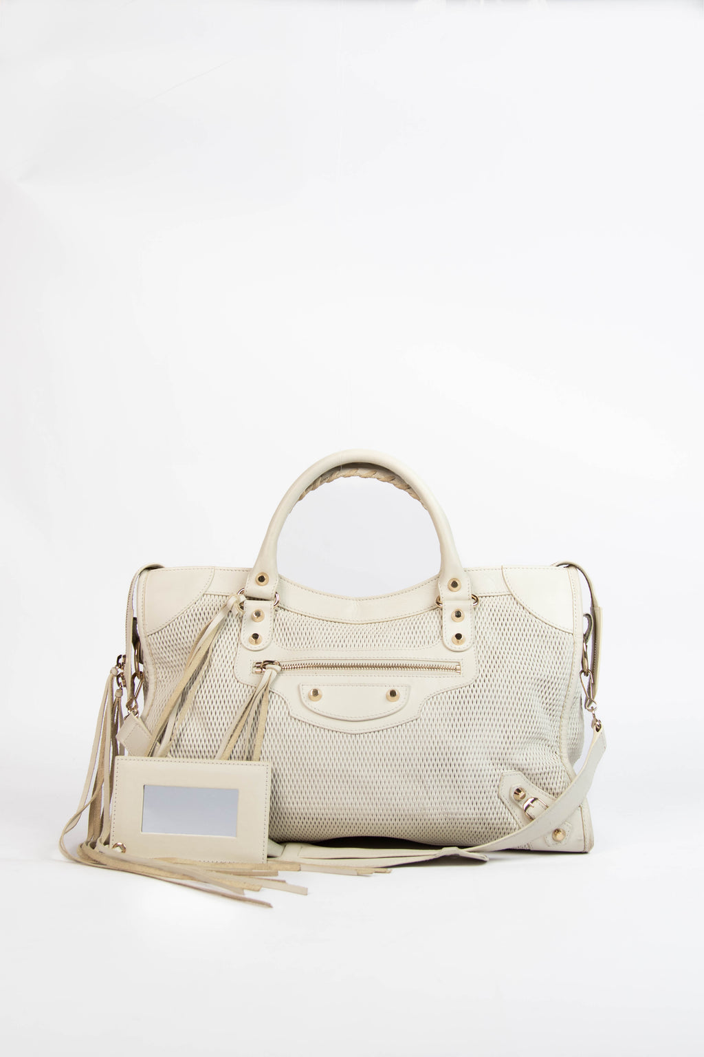 2010s Balenciaga White Perforated Leather City Bag