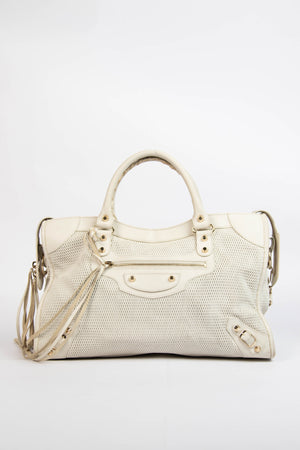 2010s Balenciaga White Perforated Leather City Bag