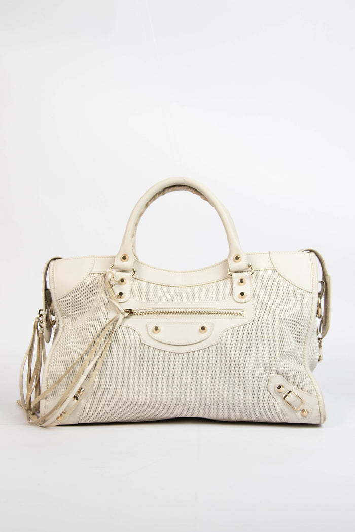 2010s Balenciaga White Perforated Leather City Bag