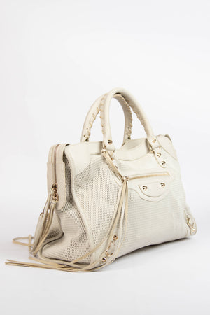 2010s Balenciaga White Perforated Leather City Bag