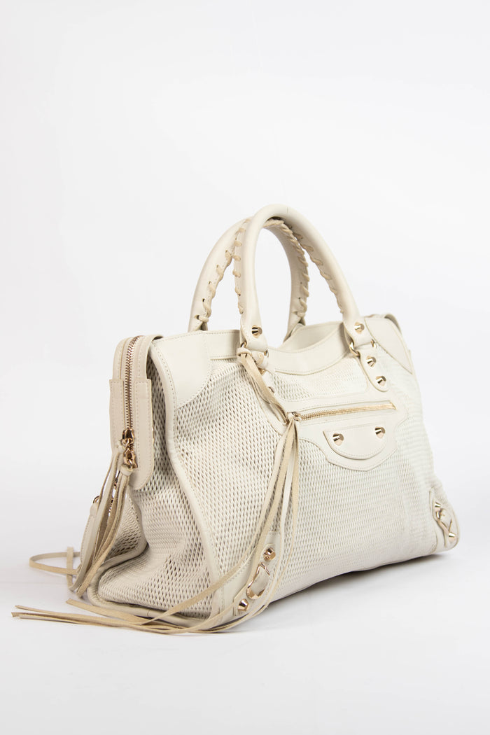 2010s Balenciaga White Perforated Leather City Bag