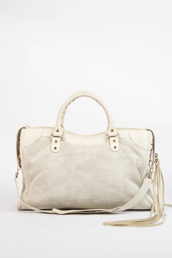 2010s Balenciaga White Perforated Leather City Bag