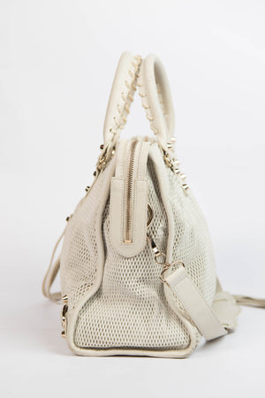2010s Balenciaga White Perforated Leather City Bag