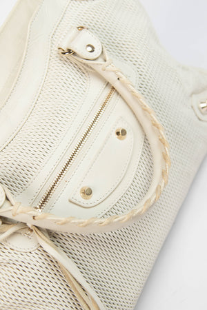 2010s Balenciaga White Perforated Leather City Bag