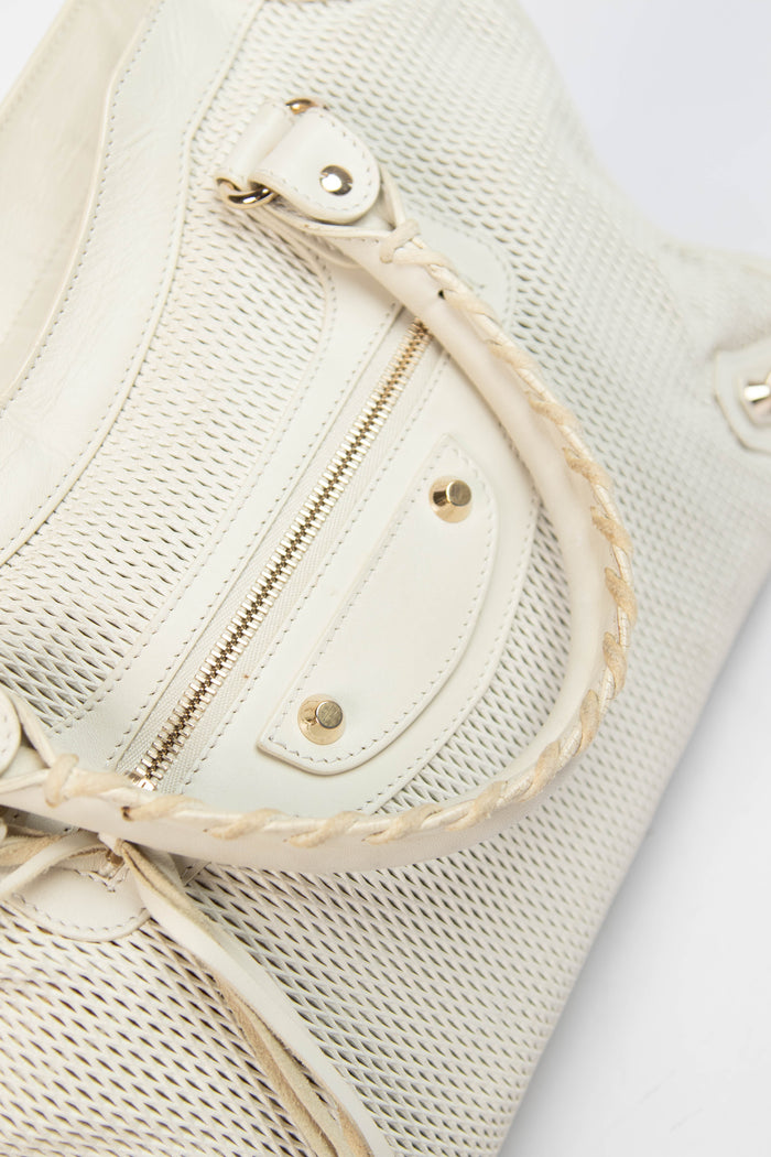 2010s Balenciaga White Perforated Leather City Bag