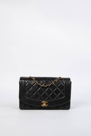 Vintage Chanel Black Lambskin Leather Medium Diana Bag