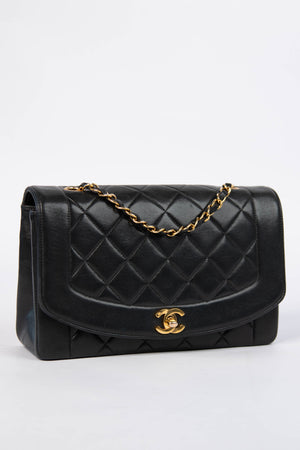 Vintage Chanel Black Lambskin Leather Medium Diana Bag