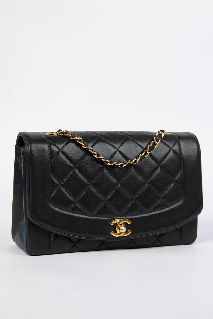 Vintage Chanel Black Lambskin Leather Medium Diana Bag