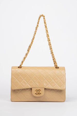 90s Chanel Beige Lambskin Medium Double Flap Shoulder Bag 24k GHW