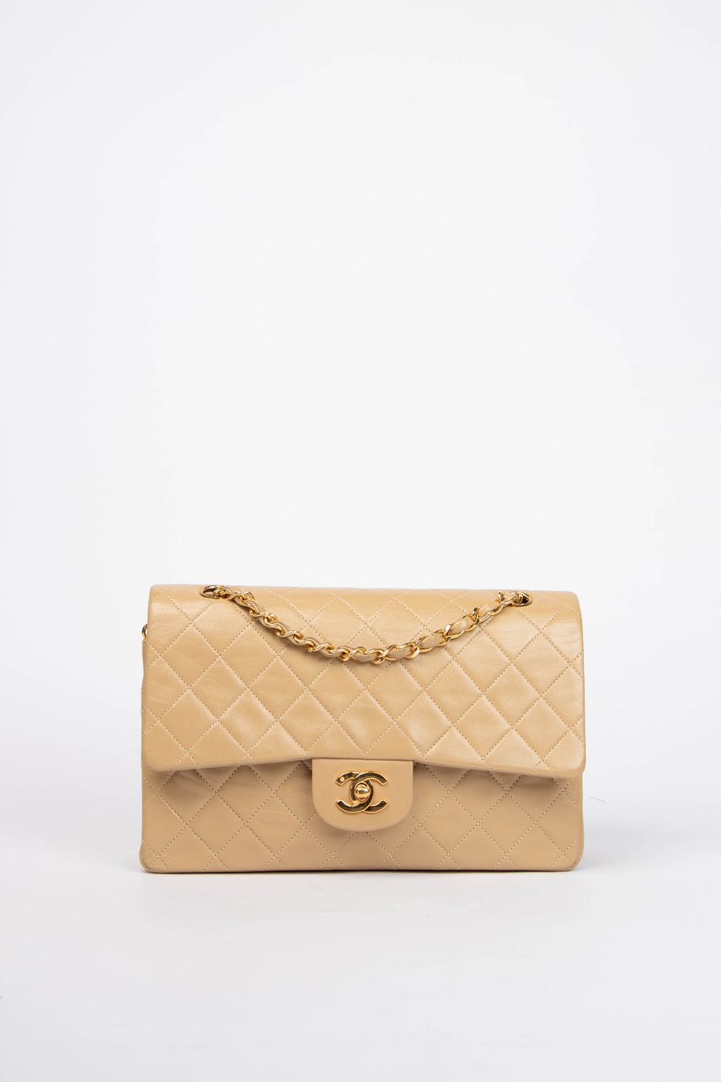 90s Chanel Beige Lambskin Medium Double Flap Shoulder Bag 24k GHW