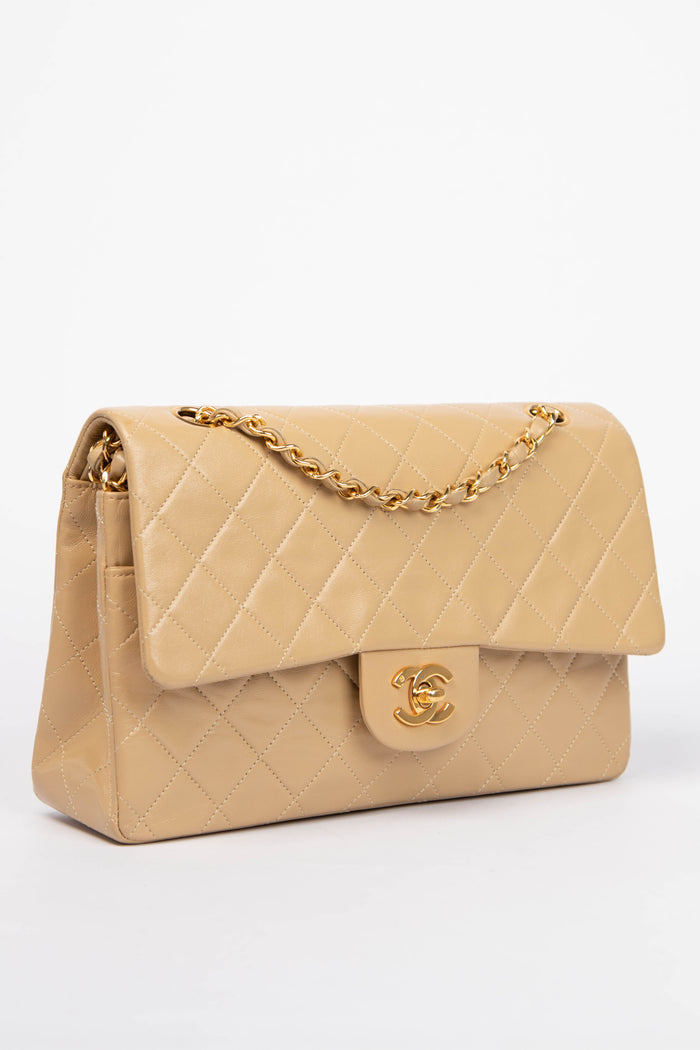 90s Chanel Beige Lambskin Medium Double Flap Shoulder Bag 24k GHW