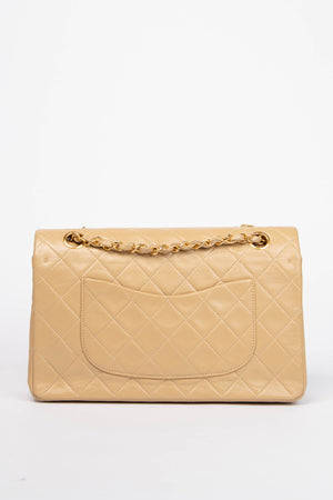 90s Chanel Beige Lambskin Medium Double Flap Shoulder Bag 24k GHW