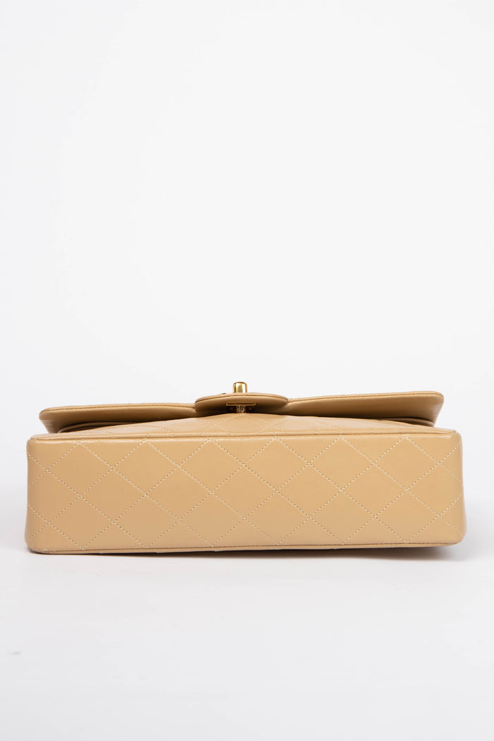 90s Chanel Beige Lambskin Medium Double Flap Shoulder Bag 24k GHW