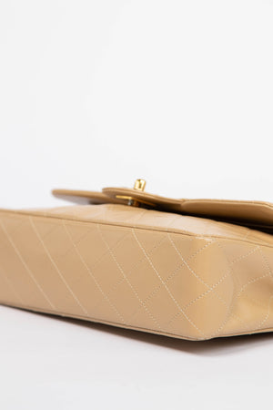 90s Chanel Beige Lambskin Medium Double Flap Shoulder Bag 24k GHW