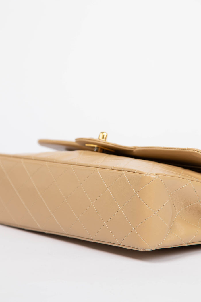 90s Chanel Beige Lambskin Medium Double Flap Shoulder Bag 24k GHW