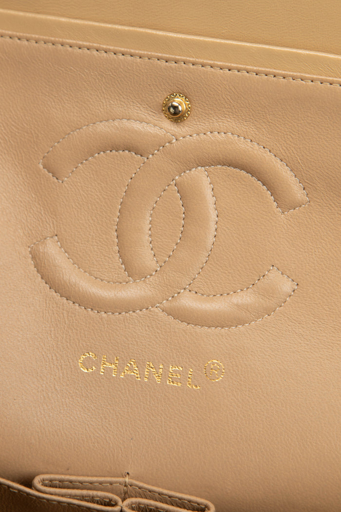 90s Chanel Beige Lambskin Medium Double Flap Shoulder Bag 24k GHW