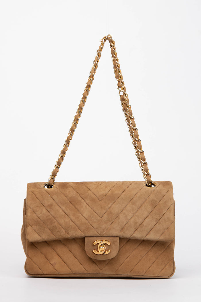 RARE Chanel Chevron Suede Medium Double Flap Bag with 24k GHW
