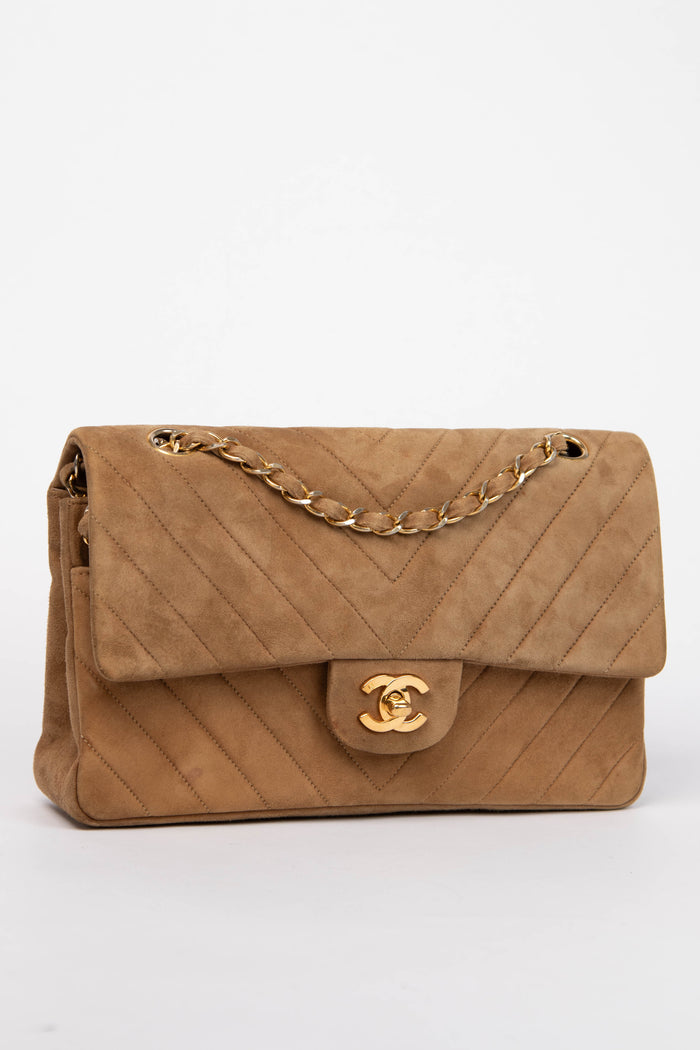 RARE Chanel Chevron Suede Medium Double Flap Bag with 24k GHW
