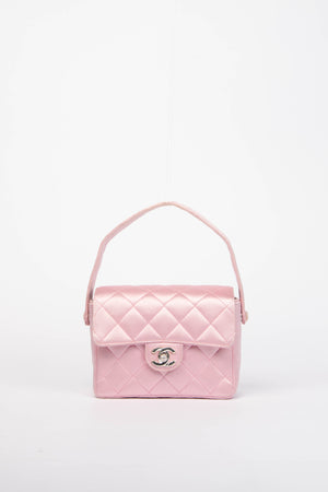 RARE 90s Chanel Baby Pink Silk Mini Top Handle Bag