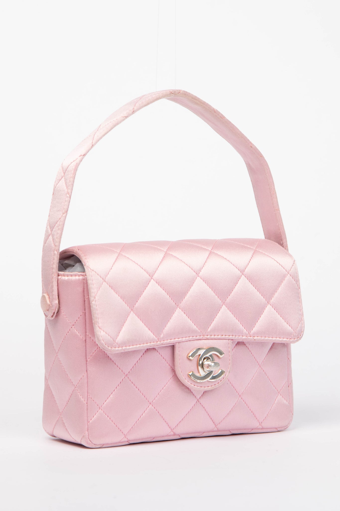 RARE 90s Chanel Baby Pink Silk Mini Top Handle Bag