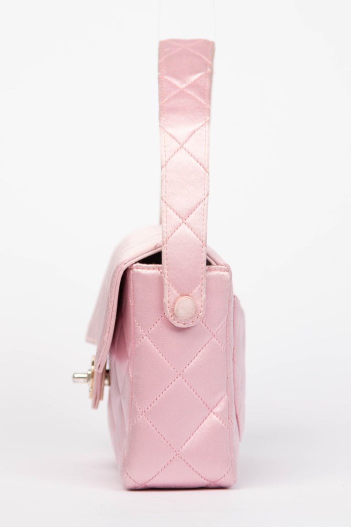 RARE 90s Chanel Baby Pink Silk Mini Top Handle Bag