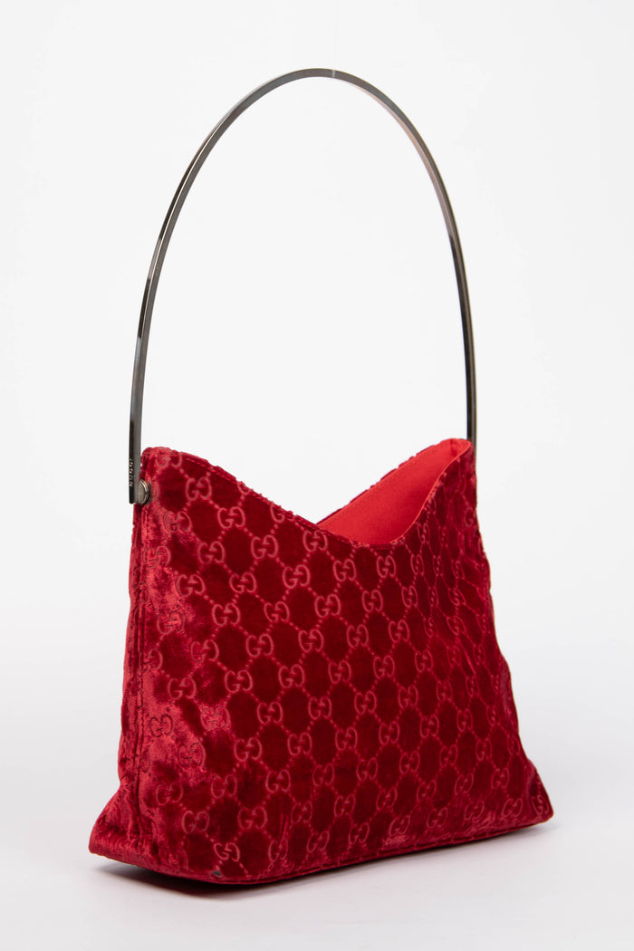 90s Gucci Tom Ford Red Velvet Monogram Small Shoulder Bag