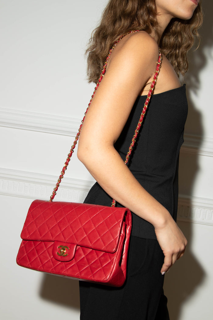 90s Chanel Red Lambskin Medium Classic Double Flap with 24K GHW