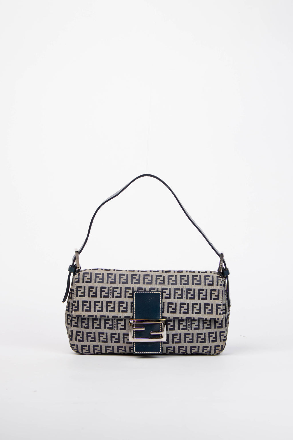 Vintage Fendi Navy Zucchino Baguette Shoulder Bag