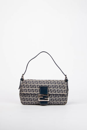 Vintage Fendi Navy Zucchino Baguette Shoulder Bag