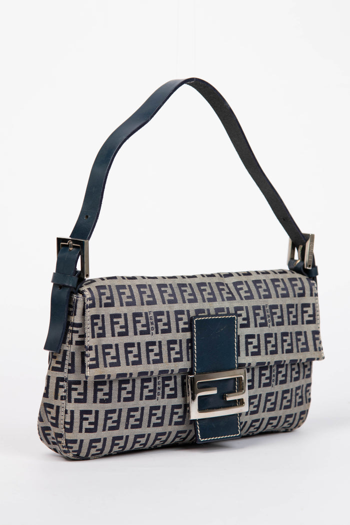 Vintage Fendi Navy Zucchino Baguette Shoulder Bag