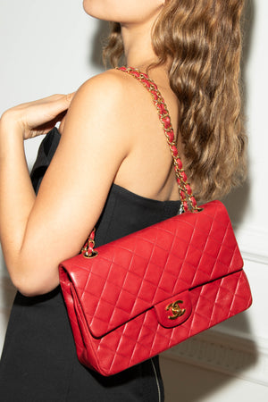 90s Chanel Red Lambskin Medium Classic Double Flap with 24K GHW
