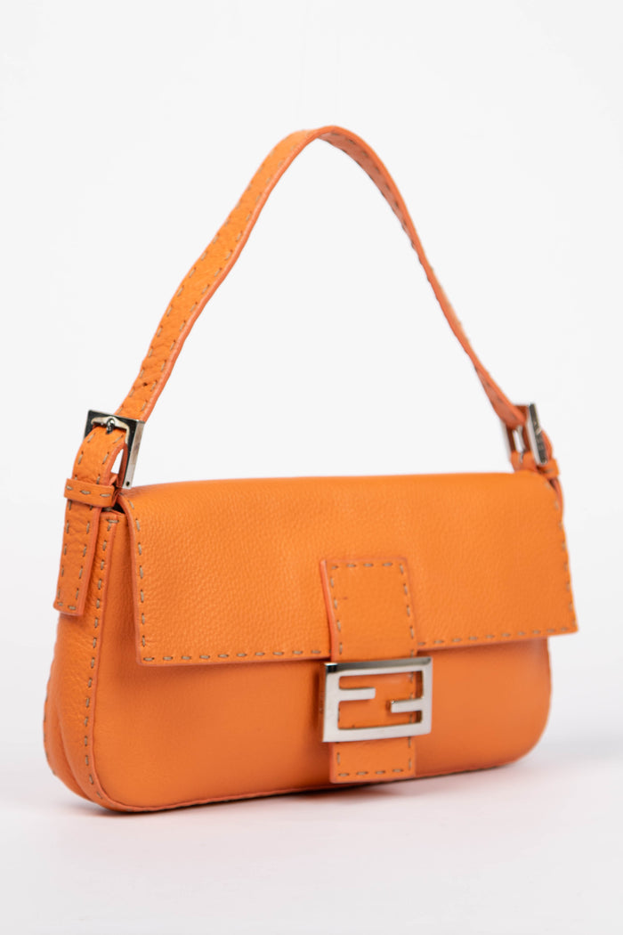 Vintage Fendi Orange Leather Selleria Baguette Shoulder Bag