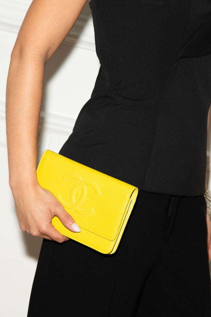 2014 Chanel Yellow CC Caviar Leather Wallet on Chain