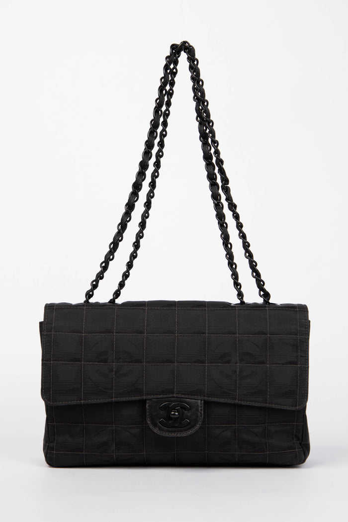2000s Chanel Black Travel Line Single Flap Shoulder Bag