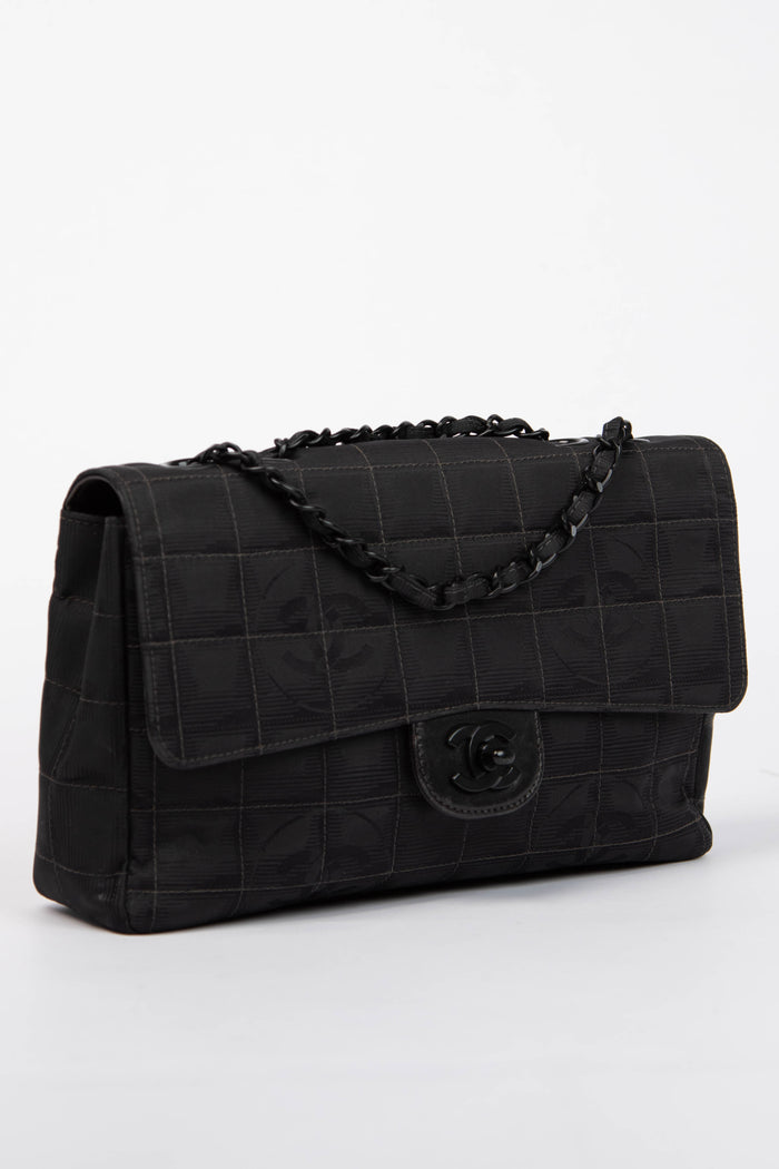 2000s Chanel Black Travel Line Single Flap Shoulder Bag