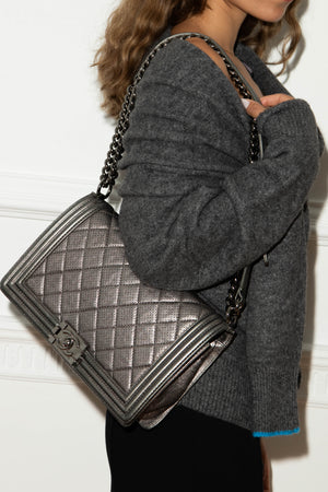 2014 Chanel Silver Perforated Leather Medium Boy Bag