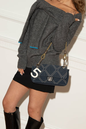 2000s Chanel Navy Stitched Canvas No.5 Single Flap Bag