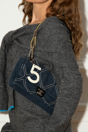 2000s Chanel Navy Stitched Canvas No.5 Single Flap Bag
